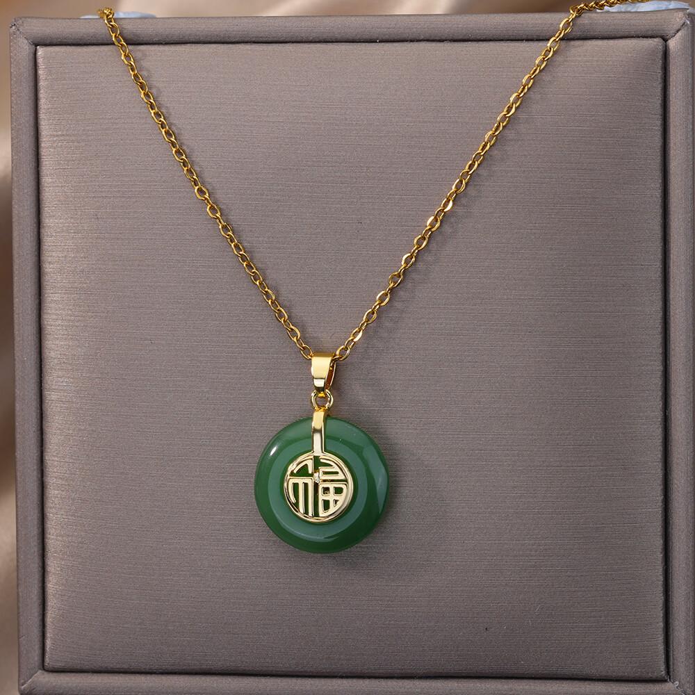 Stainless Steel Green Stone Necklaces For Women Gold Color Chain Stone Opal Oval Pendant Necklace Classic Aesthetic Jewelry Gift