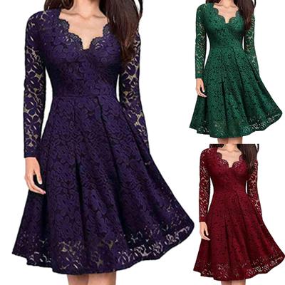 Lady Petticoats Übergröße Retro Damen Spitze Blumen V-Ausschnitt Langarm Enge Taille A-Linie Party Midikleid