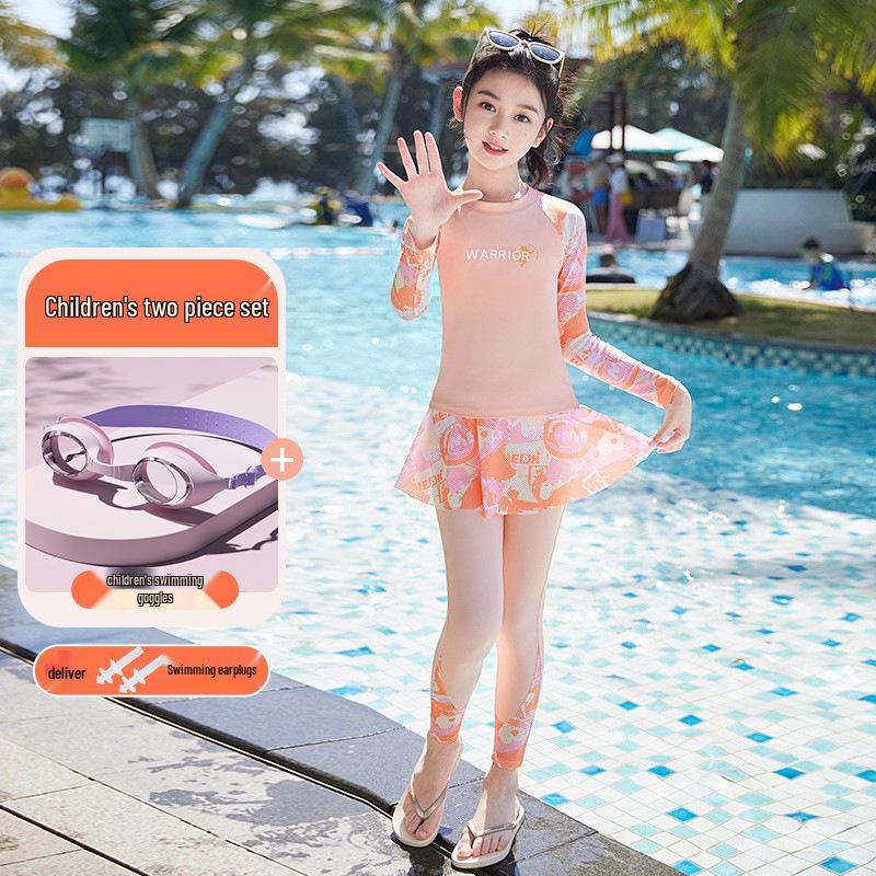 HuiLi 2025 Girls' Long-Sleeve Two-Piece Swimsuit Set for Middle School Students