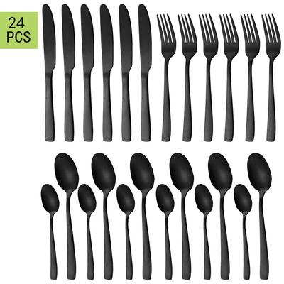 24PCS Black Dinnerware Stainless Steel Cutlery Dinner Knife Spoons Fork Dessert Spoons Western Sliverware Kitchen Tableware Set