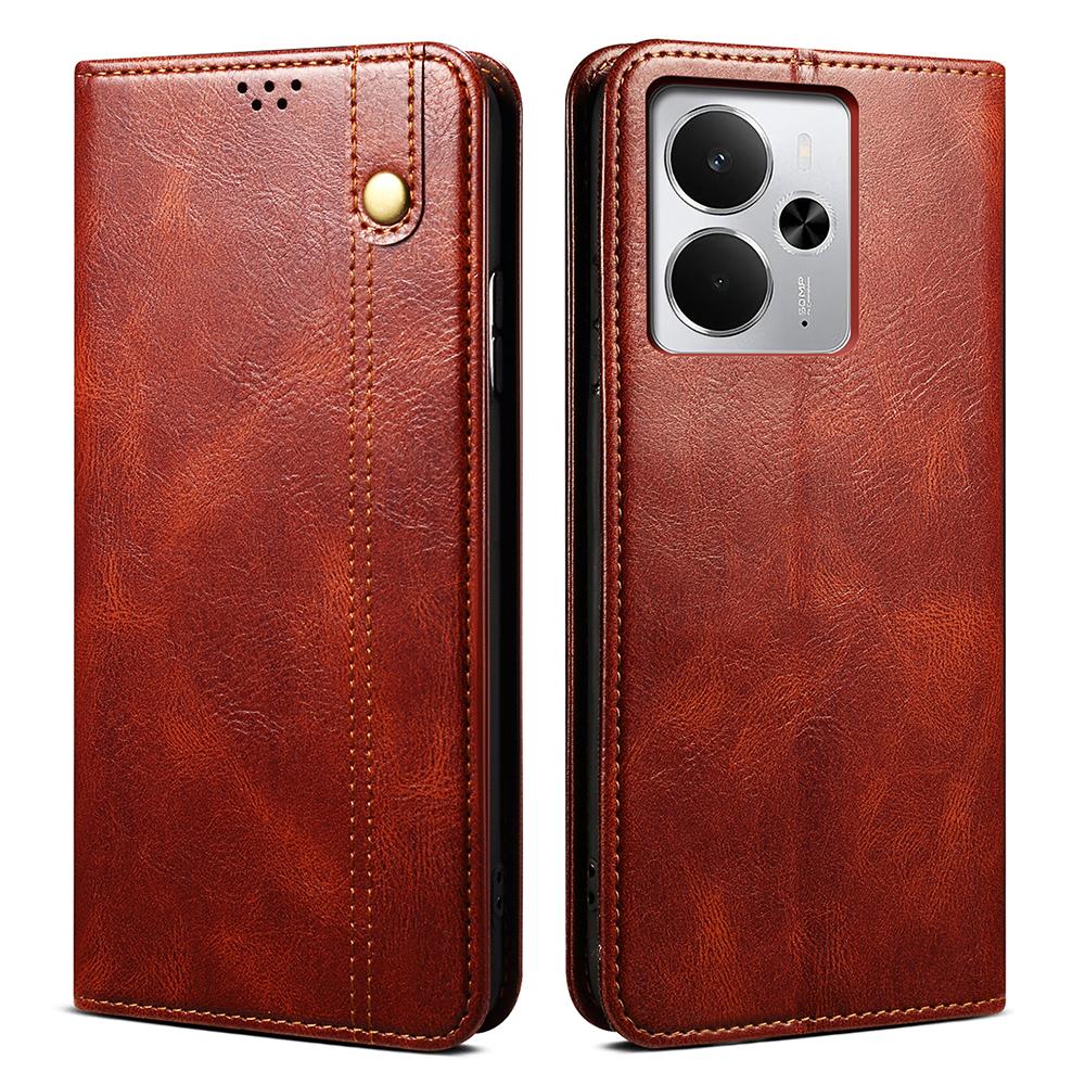 

For Realme 14 5G Case Crazy Horse Texture Waxy Leather Wallet Stand Phone Cover Brown