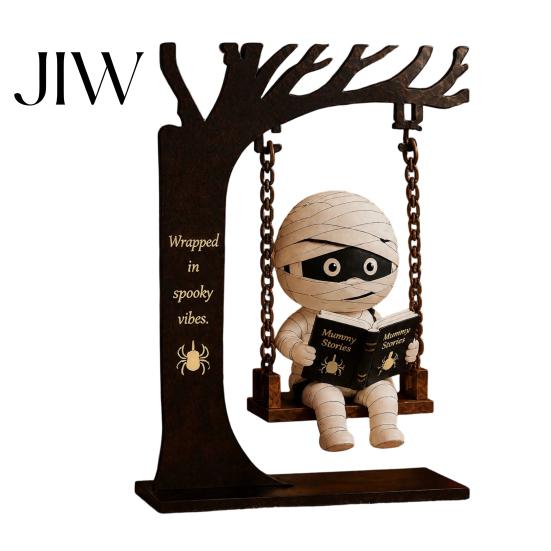 Enge Halloween Raamhangers Grappig Zwaaiend Ornament, Heks/Skelet/Mummie/Pompoen Geest Zittend op Decoratief voor Feest Lezen Boek Beeldje Bureau