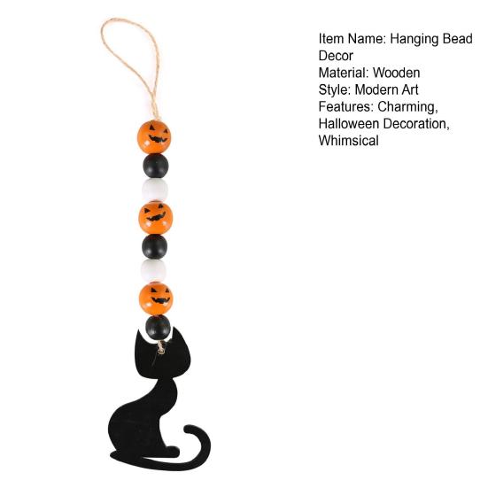 Halloween Wooden Beads Garland Hanging Pumpkin Ghost Bead with Cat Spider Witch Ornaments for Halloween Indoor Outdoor Tree Decor