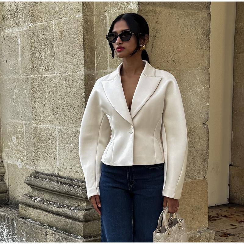 Summer Women's Blazer Lapel Single Button Short Suit Jacket Commuter Long Sleeve Slim Fit Thin Jacket