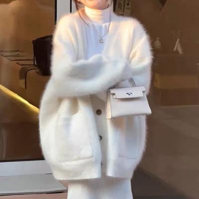 Autumn Winter Solid Color Loose Casual Fashion Mink Fleece Coat Women All-match Cardigan Outwear Top