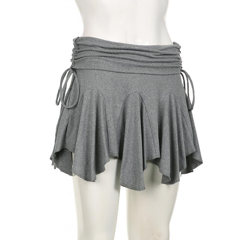 Sexy Solid Mini Wrinkled Irregular Skirts for Summer Women's Skirts New Drawstring Lace Up Waist Low Waist Skirt Woman