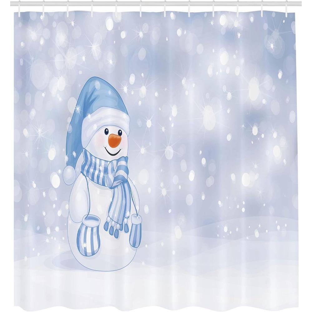Cozy Snowman Cartoon Winter Shower Curtain, Festive Merry Christmas Bathroom Decor Set
