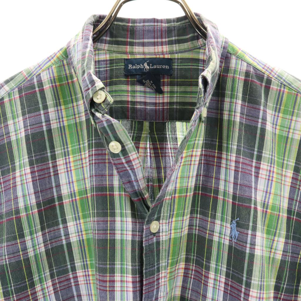 Ralph Lauren Check Pattern Short Sleeve Button Down Shirt L Green System Women Used