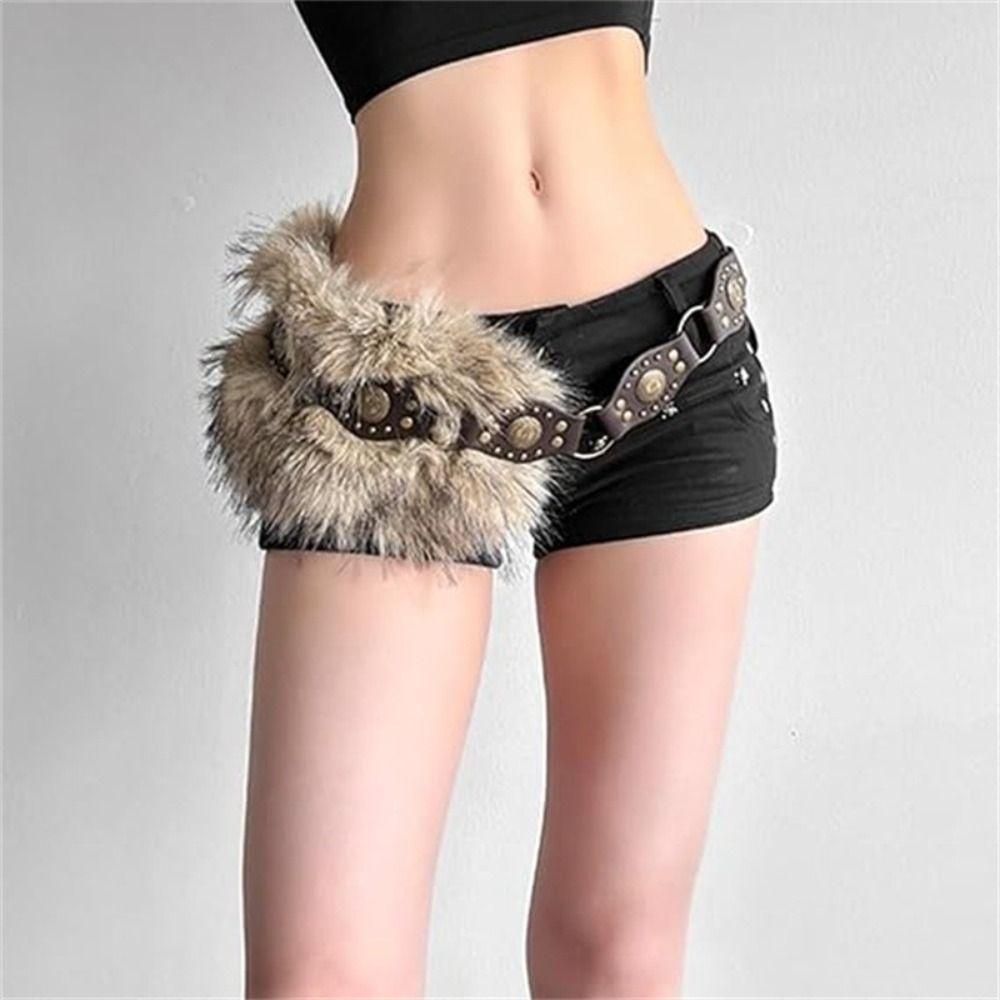 PU Leather Fur Waistband Faux Fur Jeans Waist Belt Unique Punk Studded Belt Y2K Style