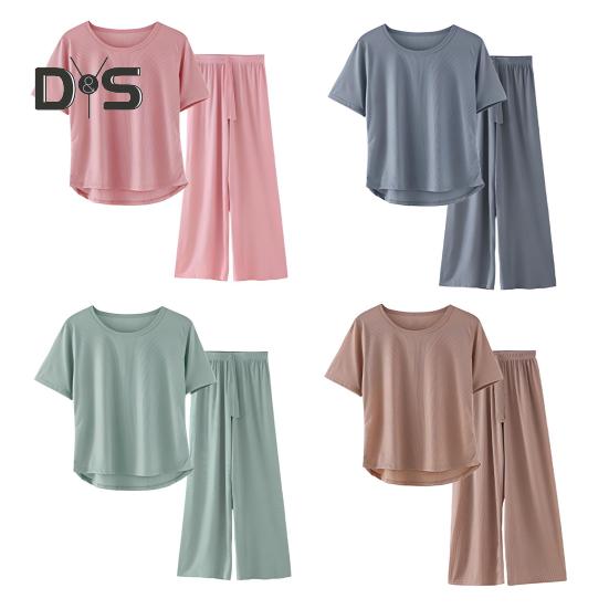 Women's Summer Pajama Set Round Neck Short Sleeve Top And Pants Sleepwear Set Casual Loose Two Piece Lounge Set