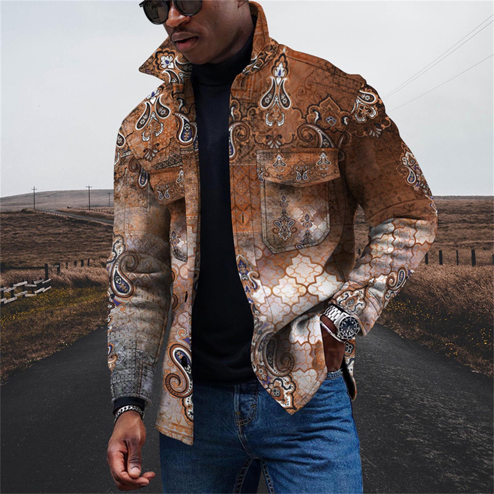 

Men s Fashion Trend Daily Casual Printed Long Sleeve Button Down Jacket M синій