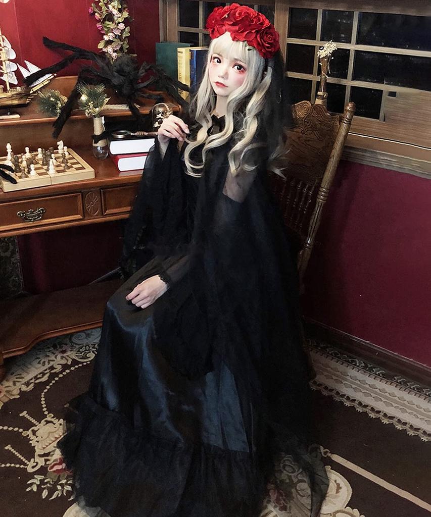 Milky Time Halloween Cosplay Zombie Vampire Ghost Costume with Rose Bride, Cute and Sexy Zombie Bride Long Black Hair (M)