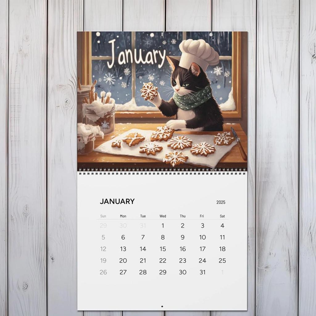 12 Monthly Fun Cooking Cats Calendar With Creative Illustration,Double-Spiral-Bound Cooking Cat Calendar,Unique Gift For Cat Lovers And Foodies