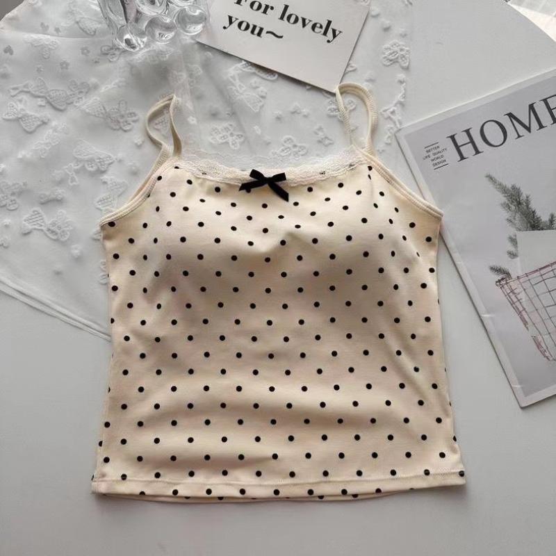 Damen Sommer Süß Gepunktet Spitze Rand Trägertops Schleife Innenschicht Unterhemd mit BH-Pad Schlank Rückenfrei Sexy Basic Crop Top
