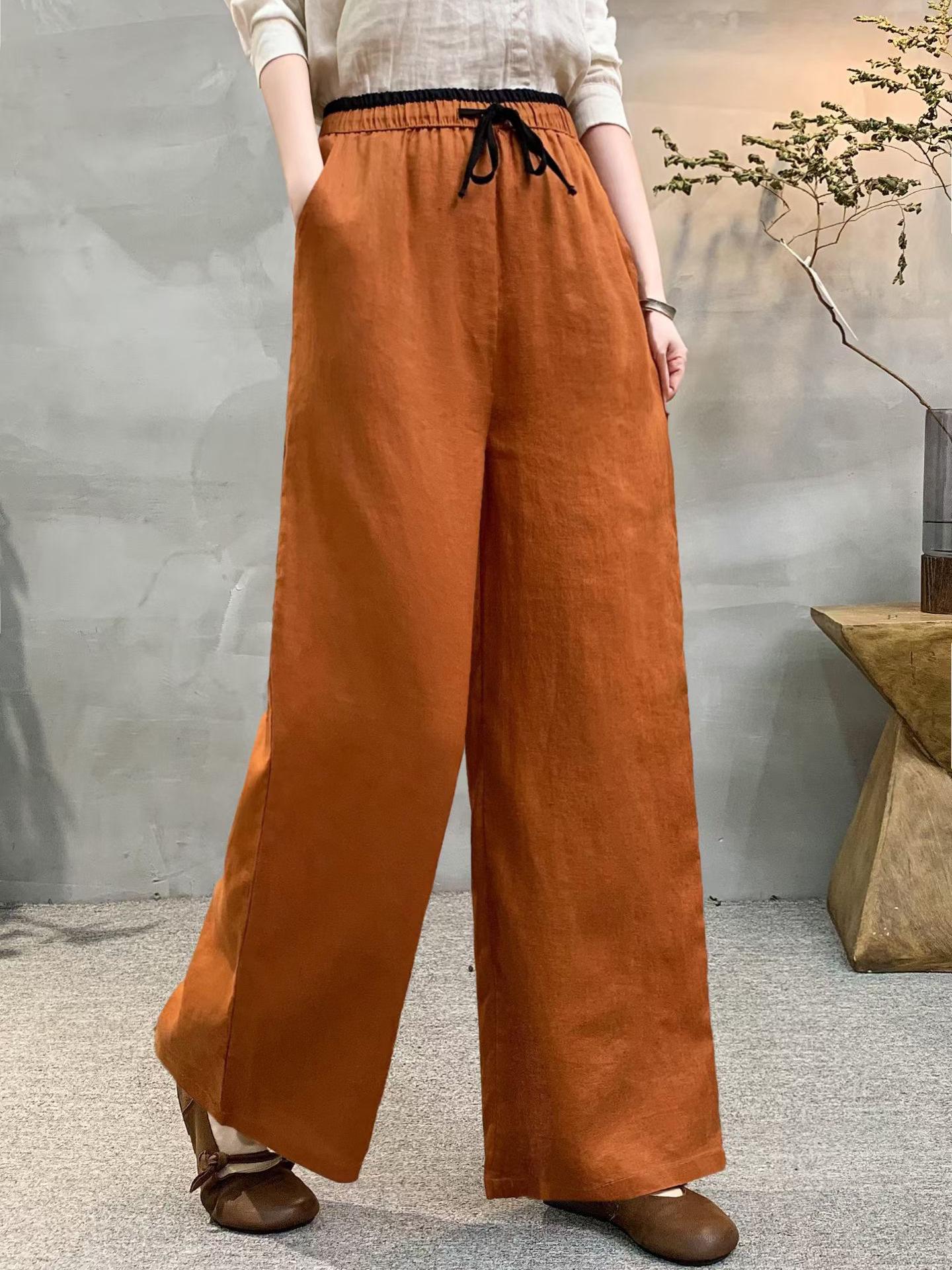 

Contrast Waist Wide-Leg Linen Pants - 2026 Spring Collection: High Waist, Loose Fit, Versatile, Casual Style One Size