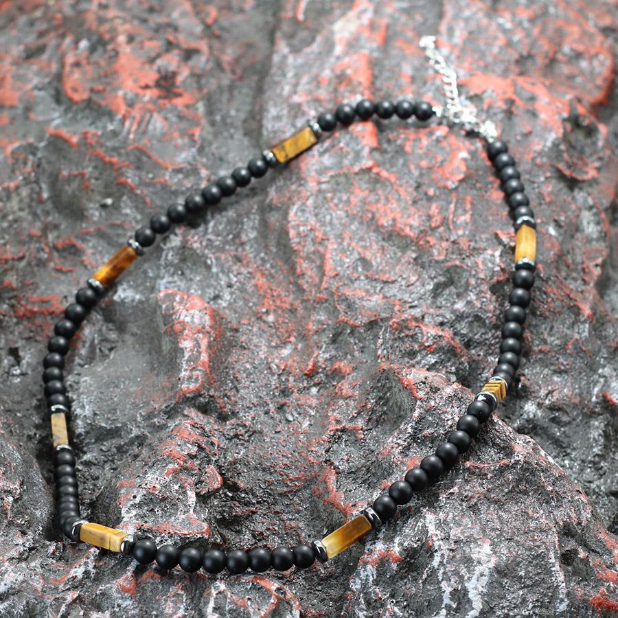Collana Unica in Pietra Naturale da Uomo 19 Pollici Choker Corto Fibbia in Acciaio Inossidabile Perline Quadrate Occhio di Tigre Accessori per Ciclismo