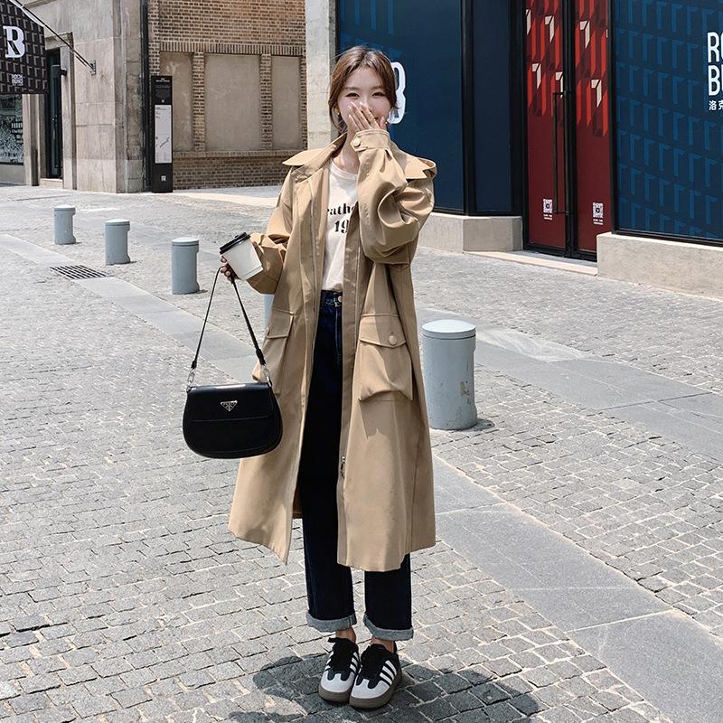 Khaki Hooded Windbreaker Coat Women's Long-cut Spring and Autumn Korean Style Large Size Versatile Casual Coat