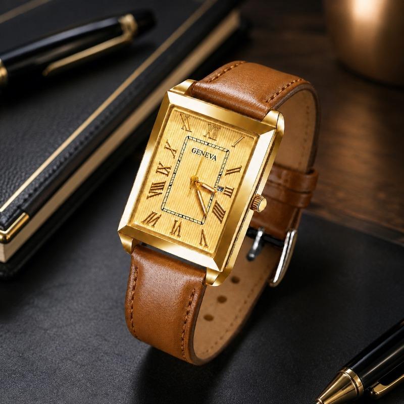 Luxury Brand Men's Quartz Wristwatch Fashion Rectangle Dial Leather Strap Watch for Man Business Casual Male Clock Montre Homme