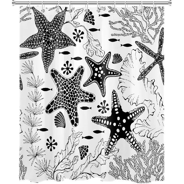 EOBTAIN Black and White Nautical Shower Curtain for Bathroom Summer Starfish and Seaweed Abstract Underwater Fabric Shower Curtain with 10 Hooks