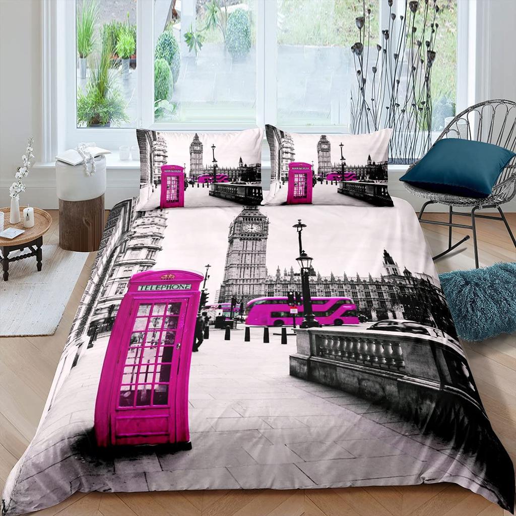 London Duvet Cover Set Queen Size Telephone Booth Big Ben Bus Print Bedding Set 3pcs,Modern City Quilt Cover with 2 Pillowcases