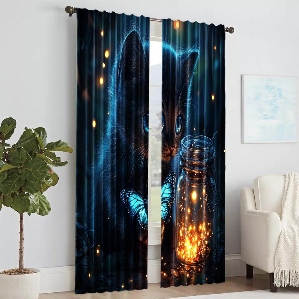 2 Pcs   Versatile Polyester Transparent Curtains for Home Decoration Blue Butterfly & Cat for Use In Bedrooms and Living Rooms