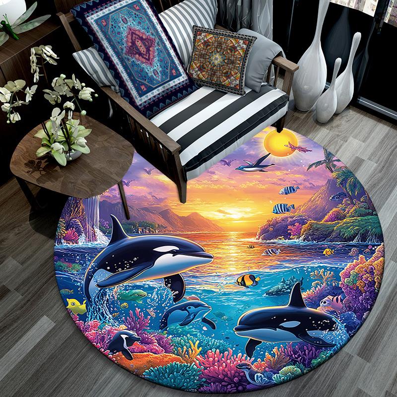 Orca Whales Round Area Rug,Carpet Rug for Living Room Bedroom Sofa Playroom Decor,Non-slip Floor Mat