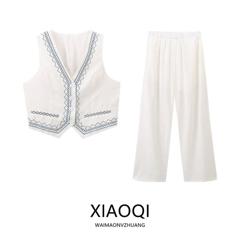 Fashion Style 2024 Autumn New Women's Clothing Stylish All-Matching Sleeveless Embroider Vest High Waist Pants Suit