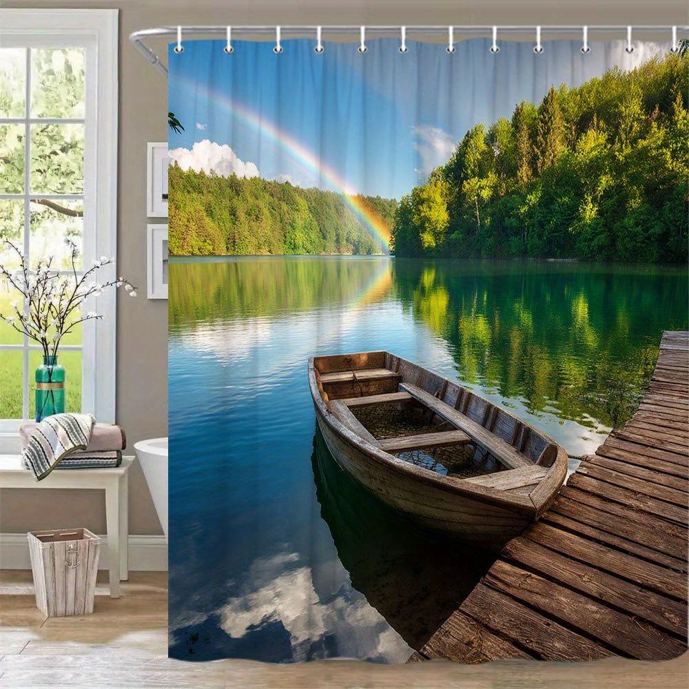 1Pc Serene Lakeside Scene Shower Curtain - Rustic Wooden Rowboat, Weathered Dock, Calm Turquoise Water, Lush Green Forest Reflec