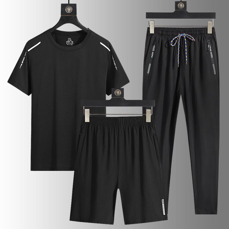 Ice Silk Outdoor Men's Casual Sports Loose Three Piece Set Breathable Quick Drying Round Neck T-shirt Long Pants Men