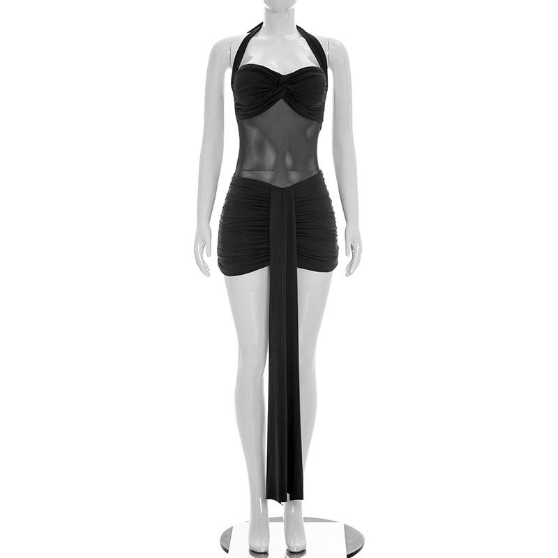 Women Casual Solid Color Mesh Patchwork Twisted Halter Short Bodycon Dress