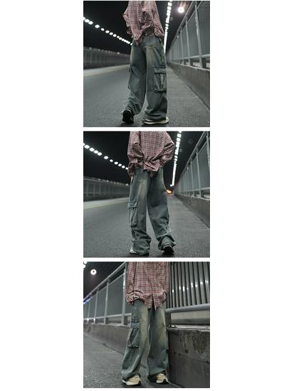 Men's American Retro Washed Wide-Leg Jeans with Big Pockets - Loose Straight-Leg Workwear Pants for Spring & Autumn.