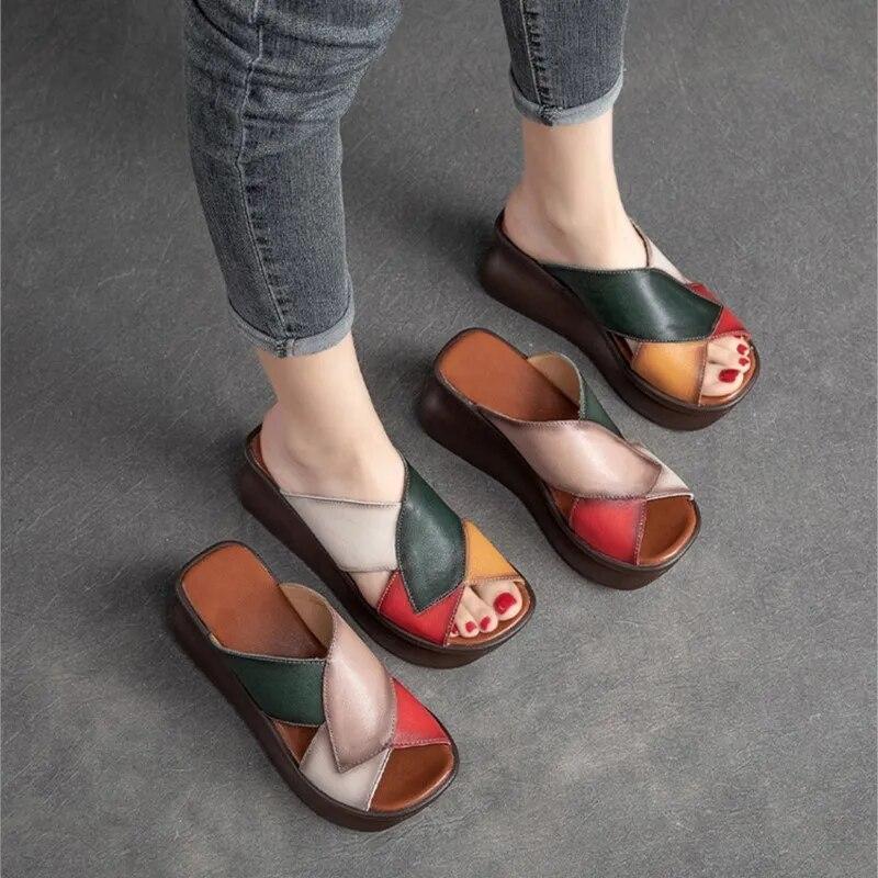 Johnature Retro Women Peep Toe Wedges Slippers Genuine Leather Thick Sole Slides Fashion Platform Shoes