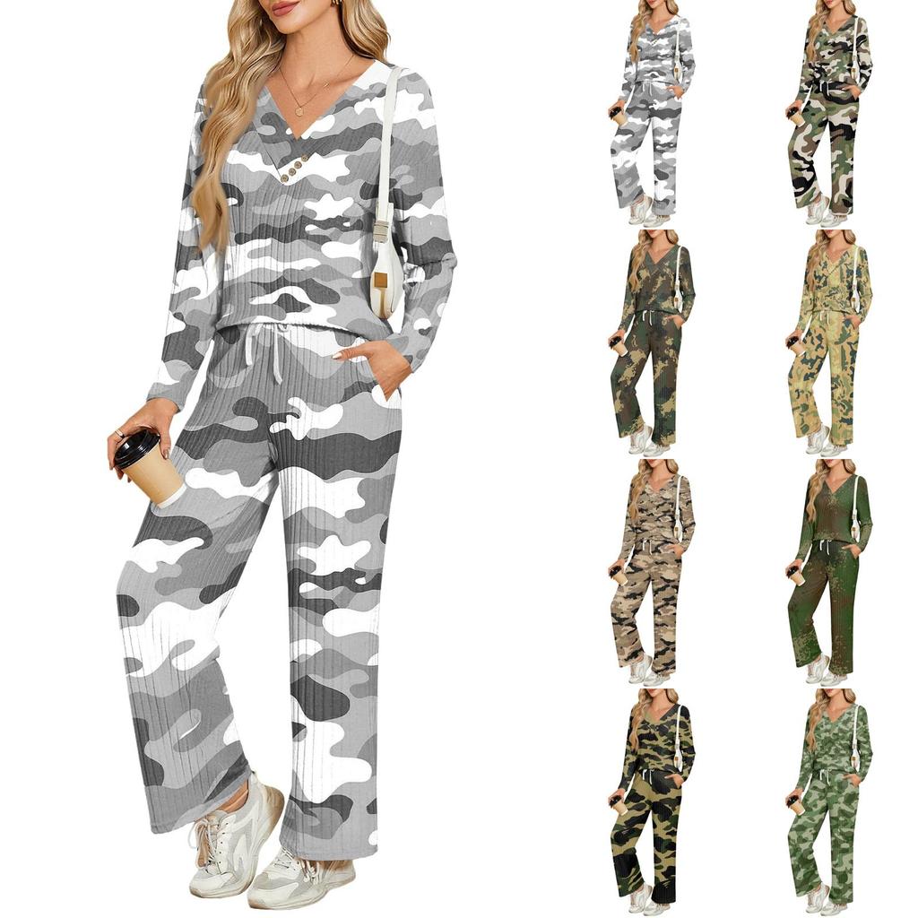 Women's V-Neck Loose Fit Printed Long Sleeve Pajama Set with Pockets - Casual Sleepwear Loungewear Set