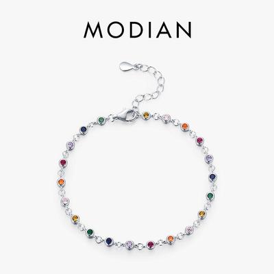 MODIAN Bohem Tarzı Charm Zincir Bilezik Kadınlar Için 925 Ayar Gümüş Gökkuşağı Renk CZ Kadın Moda Takı Aksesuar