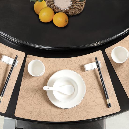 Artificial Leather Placemats Oil Resistant Chinese Style Engraved Flower Pattern Fan-Shaped Placemats Dining Table Decor