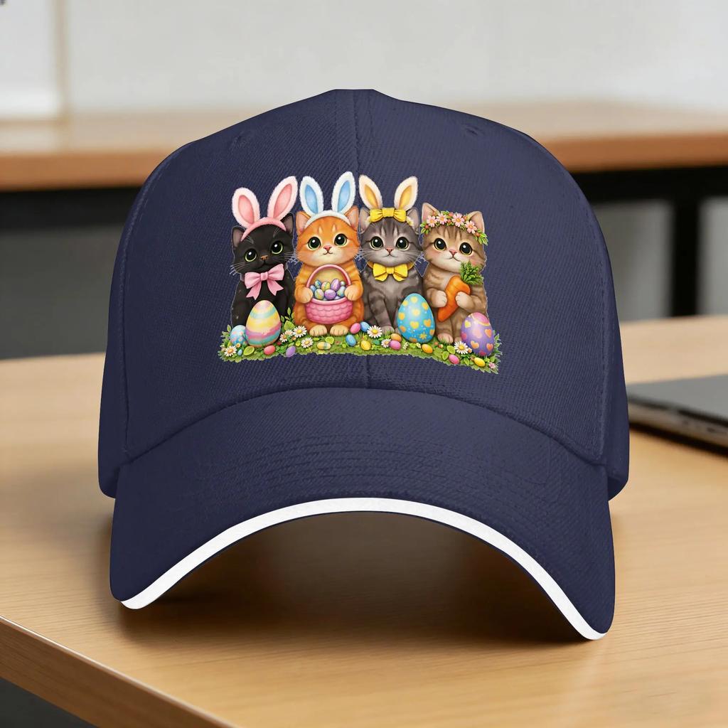 Funny Easter Cats Ears Bunny Eggs Running Hippie Trucker Hat For Unisex Women Sunscreen Fashion Baseball Caps