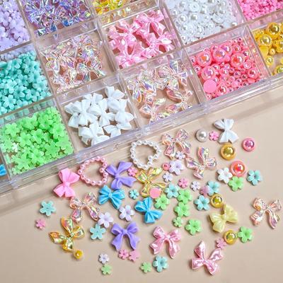 Colorful Nail Art Decor Set, Bow Charms and Beads with Storage Box for DIY Manicure