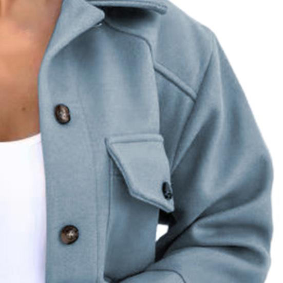 Turn-down Collar Women Coat Single Breasted Autumn Winter Flap Pockets Warm Woolen Coat Outerwear