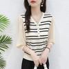 Summer Women V Neck Stripe Puff Sleeve Knit Chiffon Patchwork Top