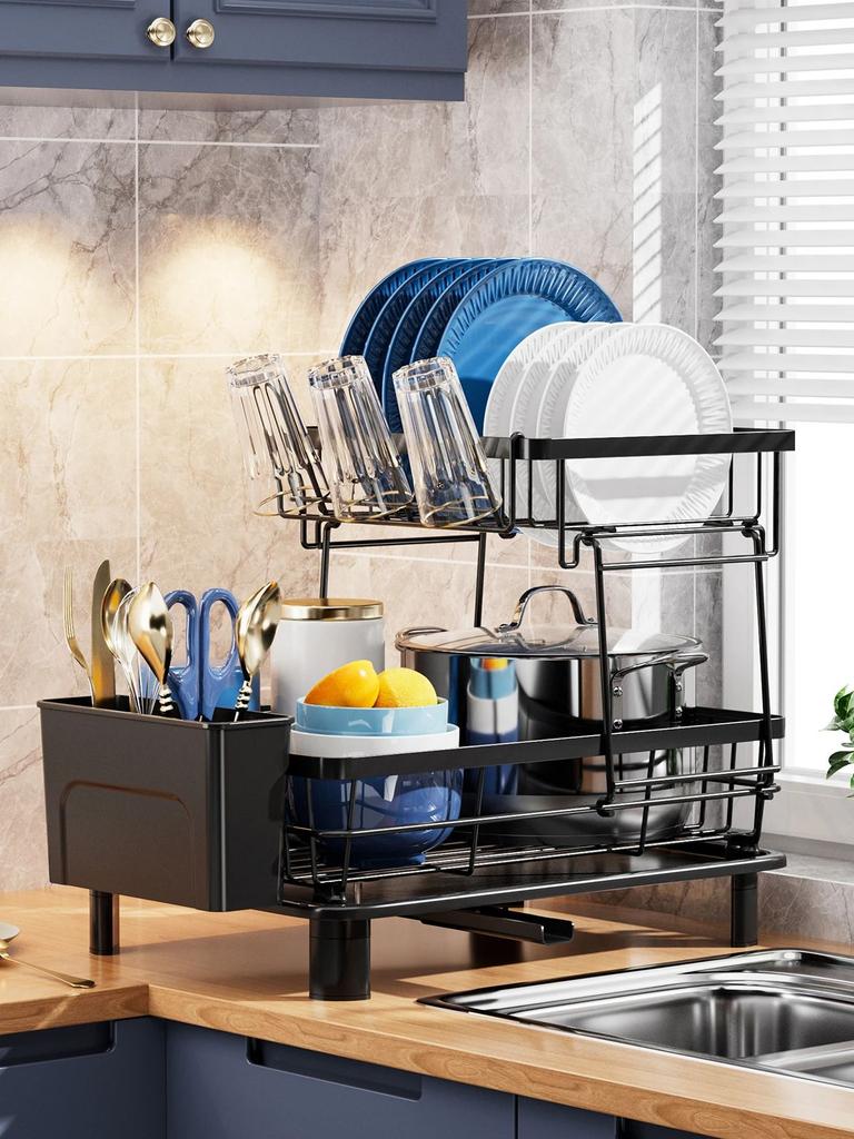 1PC Dish Drying Rack 2 Tier Large Dish Drainer Rack for Kitchen Counter, Rustproof Space Saving, Black