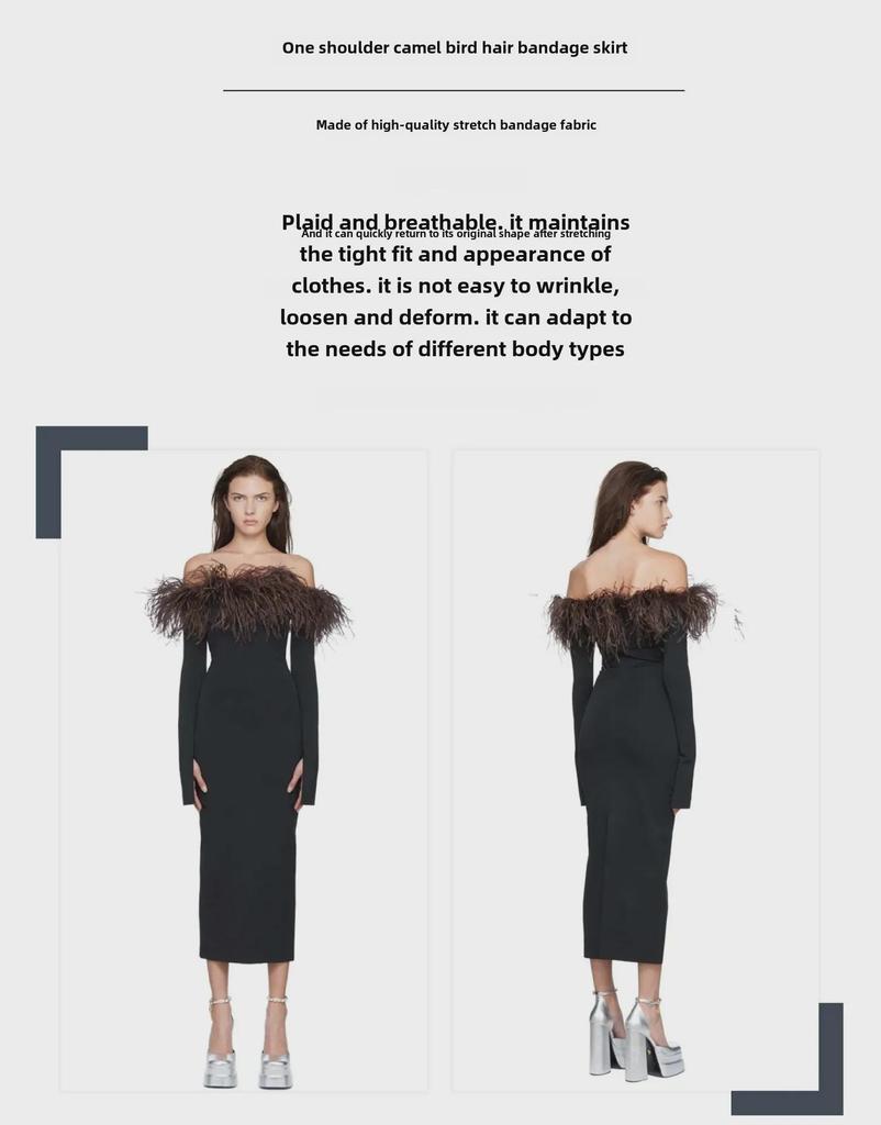 2023 Černé jarní šaty na jedno rameno s dlouhým rukávem a bandážovým efektem z pštrosího peří pro ženy