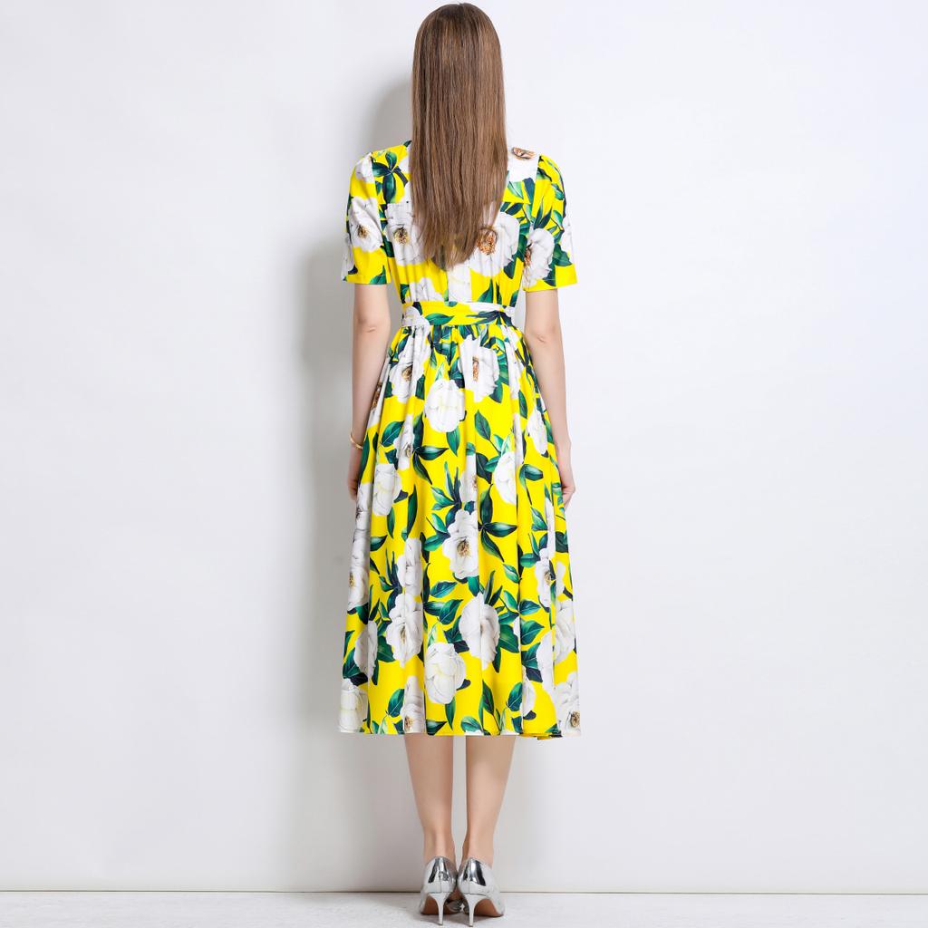 Summer Women Designer Print Runway Dress Elegant Turn-down Collar Office Work Midi Lace-up Shirt Dresses