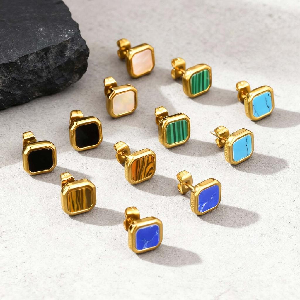 Trendy Natuursteen Oorbellen voor Mannen Jongens, Roestvrij Staal Anti-allergie Vierkante Stud Oorbellen, Unisex Piercing Sieraden Cadeau