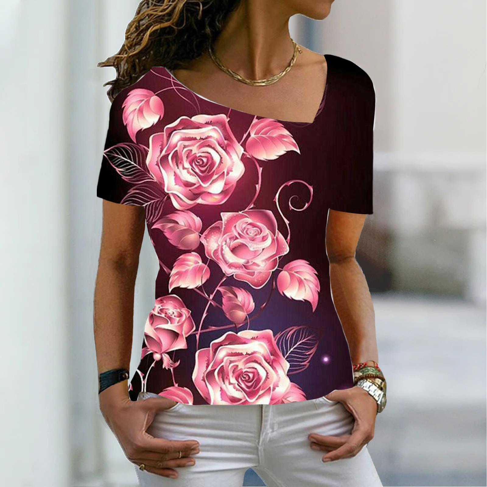 

Женская мода, новая футболка с коротким рукавом и цветочным принтом, V-образный вырез, базовая футболка, летний топ XS-8XL/3D-печать 4XL