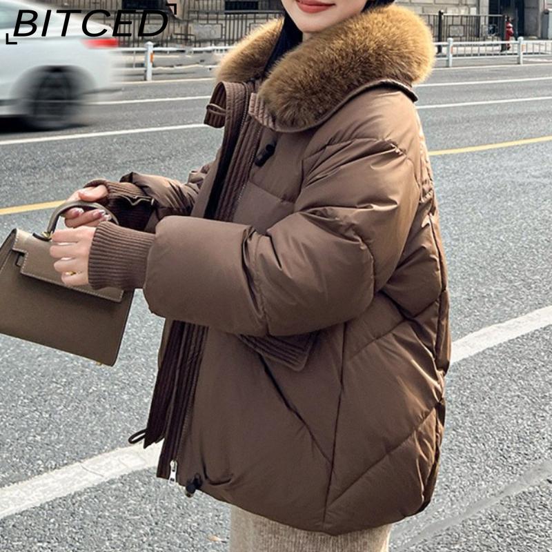 BITCED Women's Short Down-Filled Cotton Jacket with Oversized Fur Collar - Winter Fashion Coat