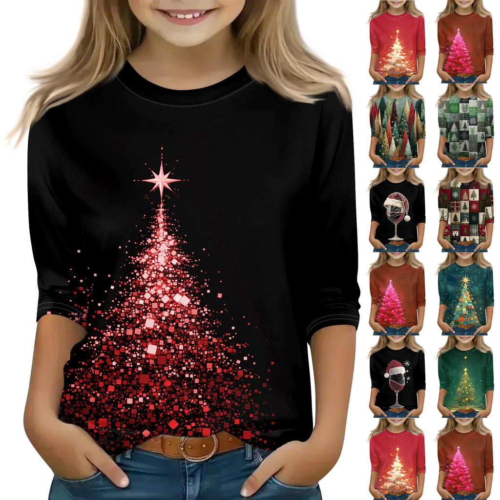 Christmas Day Print Tops For Youth Girls 4-11 Years Round Neck 3/4 Sleeves T-Shirts Trendy Tops Outfit Tees