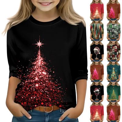 Christmas Day Print Tops For Youth Girls 5-16 Years Round Neck 3/4 Sleeves T-Shirts Trendy Tops Outfit Tees