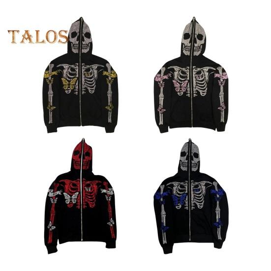 Unisex Halloween Hoodie Rhinestone Ghost Skeleton Pattern Zipper Closure Hooded Pockets Long Sleeves Party Cosplay Costume Fall Winter Jacket