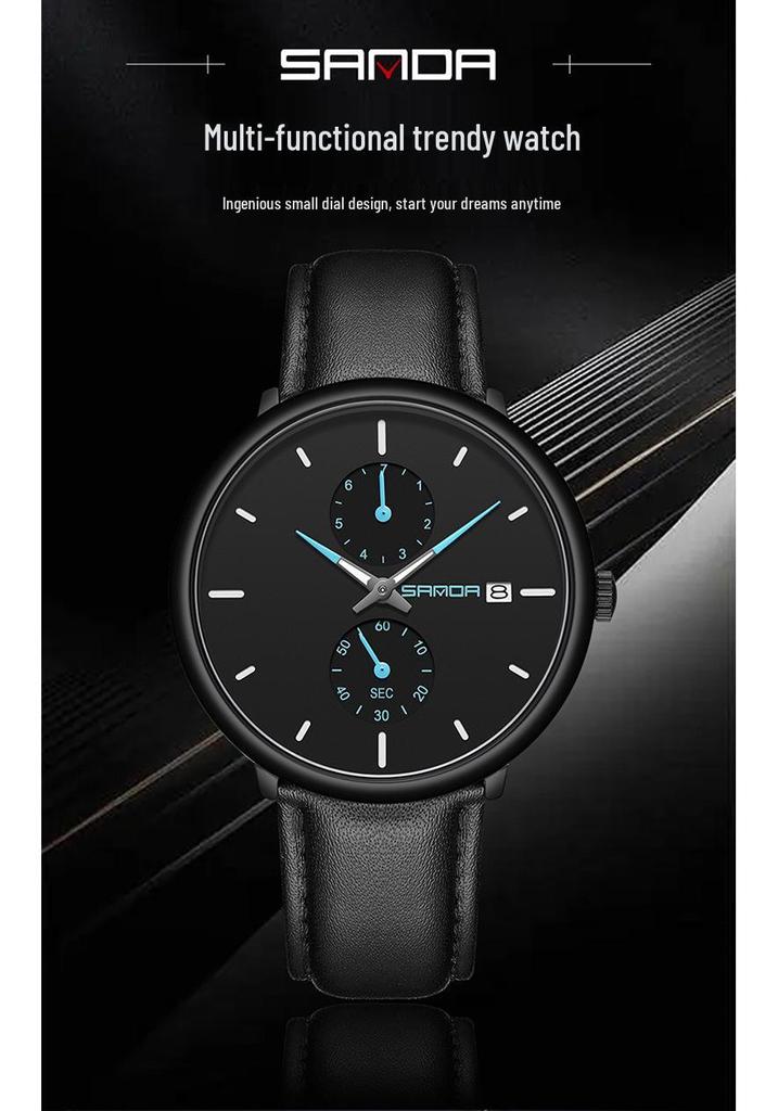 SANDA Men's 3D Leather Strap Waterproof Quartz Mesh Wristwatch - Fashionable & Trendy Calendar Design