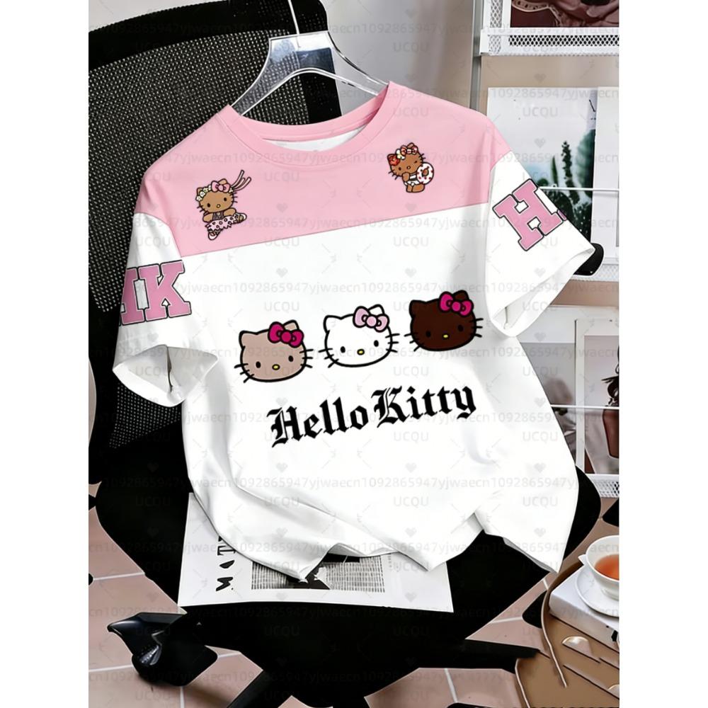 2026 Summer Men s Women s Round Neck Casual Cartoon Hello Kitty 3D Print Short Sleeve T-shirt Tops S